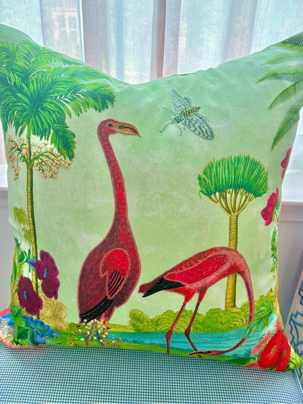 Tropical Palm Flamingo hand embroidery Pillow with feather insert in NEW !
